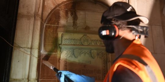 Close-up of architectural elements cleaned during the St. Sava Church restoration